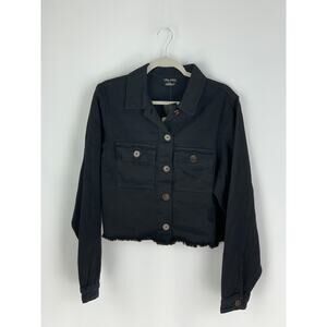 City Chic Lauren Fray Away Jacket Women Size 16 Black Denim Jean Raw Hem Cropped